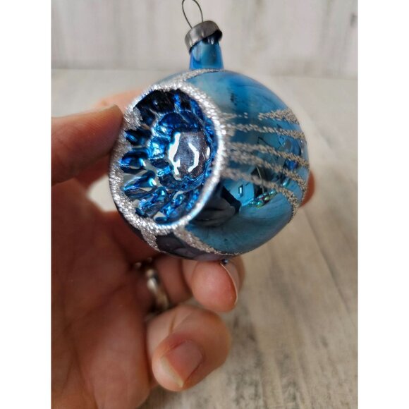 Vintage blue glitter indent ball mercury glass ornament Xmas silver glitter tree - Picture 6 of 8